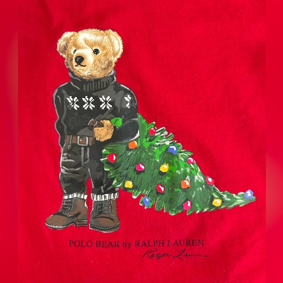 Ralph Lauren Polo Bear Long Sleeve T-Shirt Infant 12M Christmas Tree Red Snaps - Picture 5 of 11